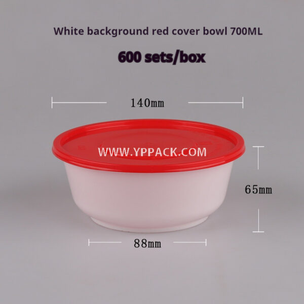 700ML Round lunch box with white bottom and red cover – 140×88×65mm Leak-Proof Anti-Theft Disposable Container for Takeaway
