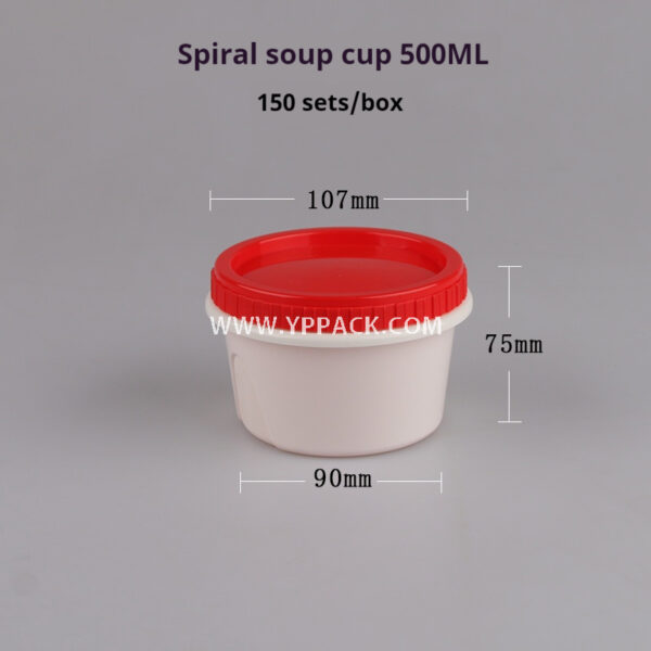 500ML Round spiral soup cup with white bottom and red lid – 107×90×75mm Leak-Proof Anti-Theft Disposable Container for Takeaway Supplier