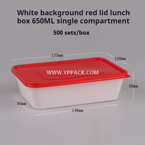 650ML PP Rectangular lunch box with white base and red cover – 175×120×50mm Leak-Proof Anti-Theft Disposable Container for Takeaway